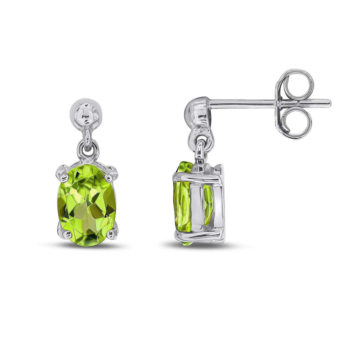 9ct White Gold Oval Natural Peridot Claw Drop Earrings — 7x5mm