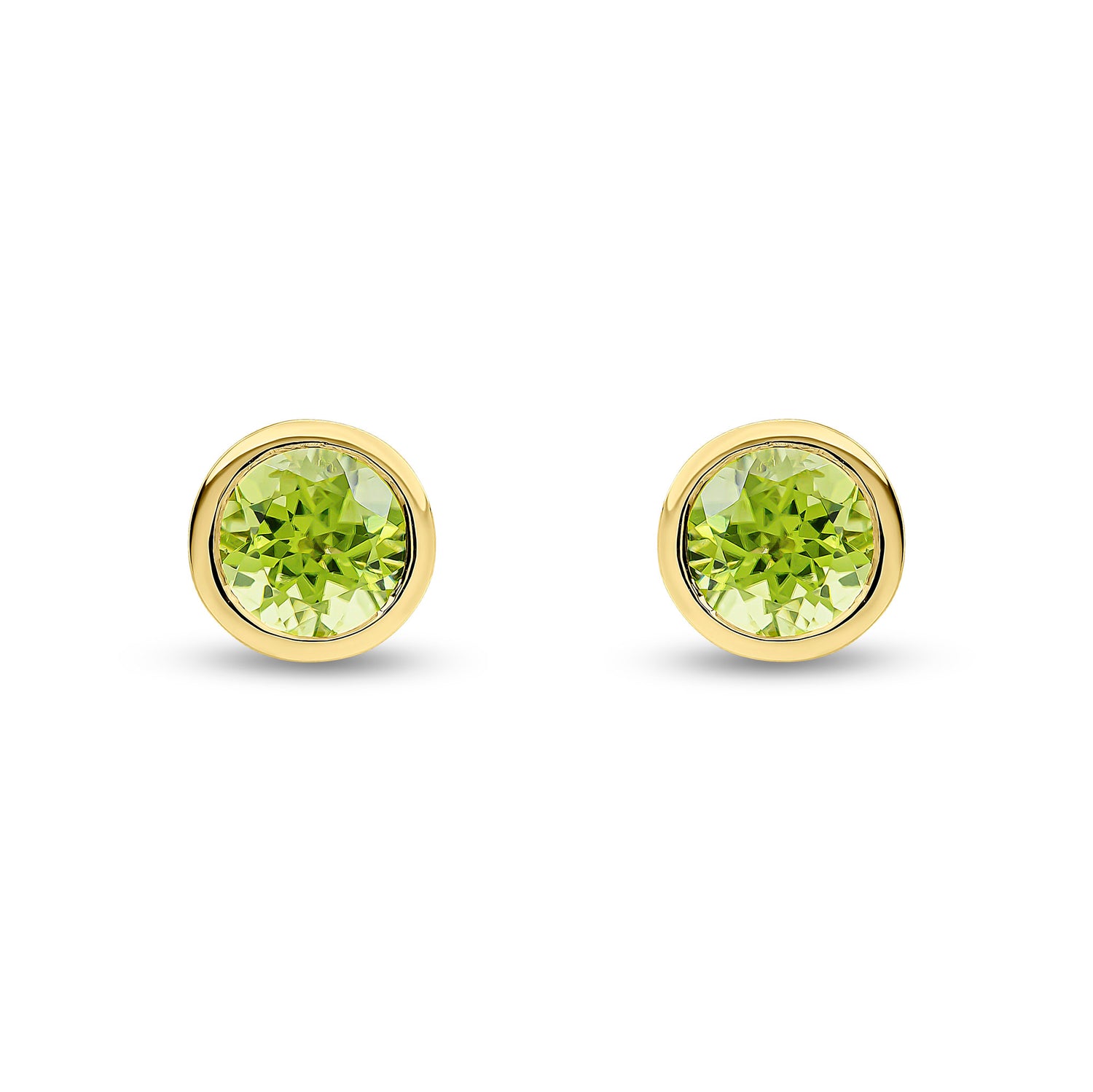 9ct Yellow Gold Round Natural Peridot Rubover Stud Earrings — 6mm