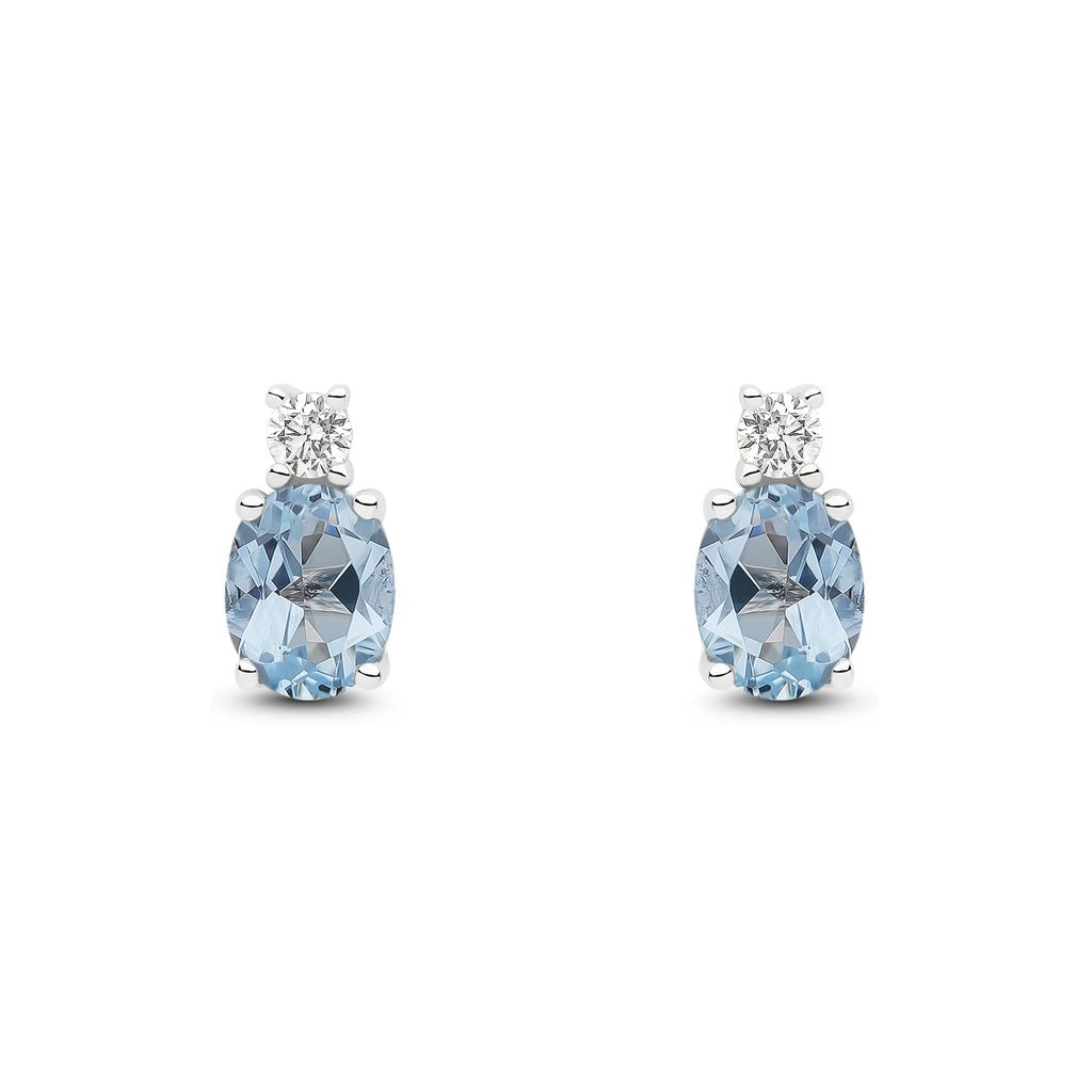 18ct White Gold Oval Natural Aquamarine and Round Diamond Two Stone Stud Earrings — 5x4mm