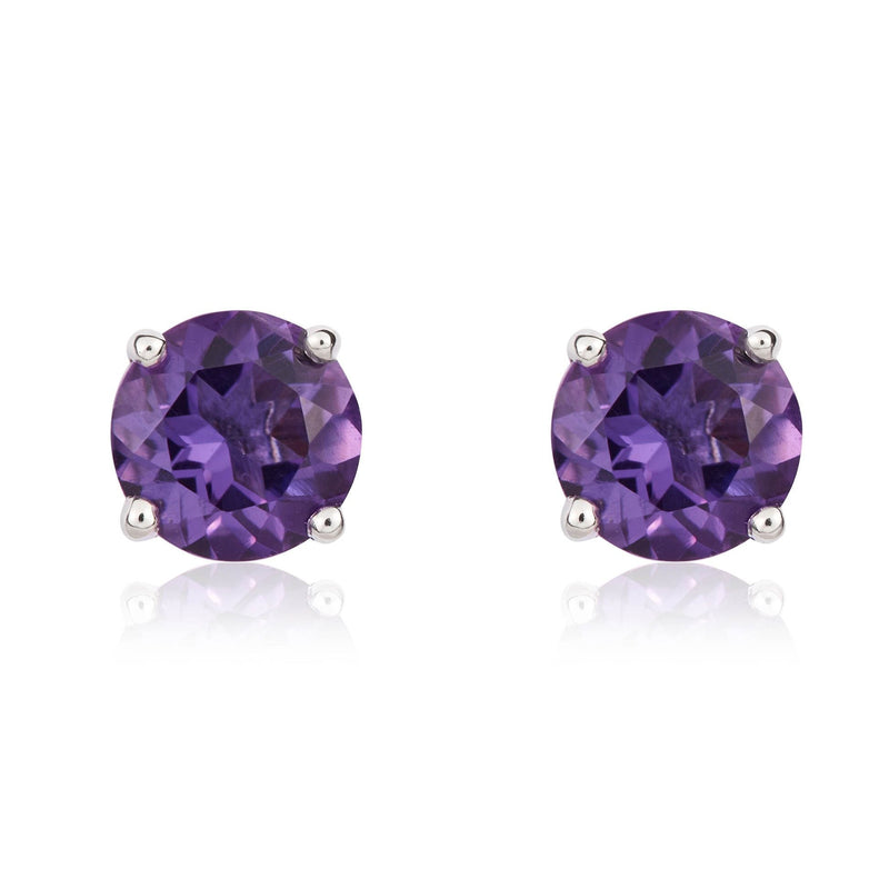 9ct White Gold Round Natural Amethyst Claw Set Stud Earrings — 5mm