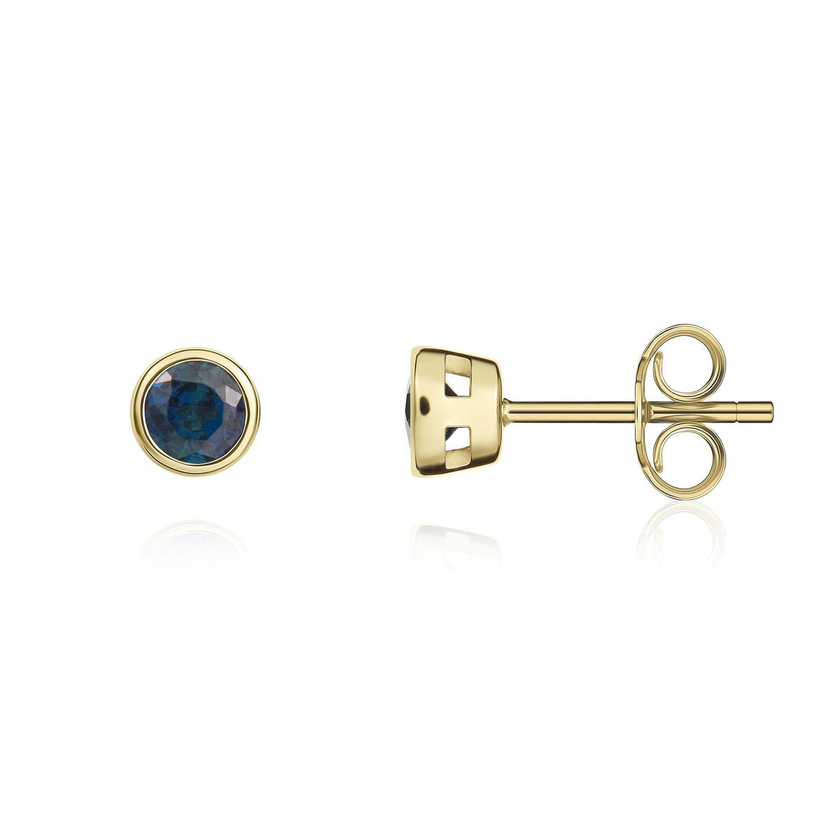 9ct Yellow Gold Round Natural Sapphire Rubover Stud Earrings — 3mm