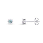 9ct White Gold Round Natural Aquamarine Rubover Stud Earrings — 3mm