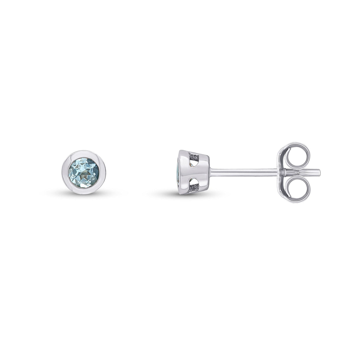 9ct White Gold Round Natural Aquamarine Rubover Stud Earrings — 3mm