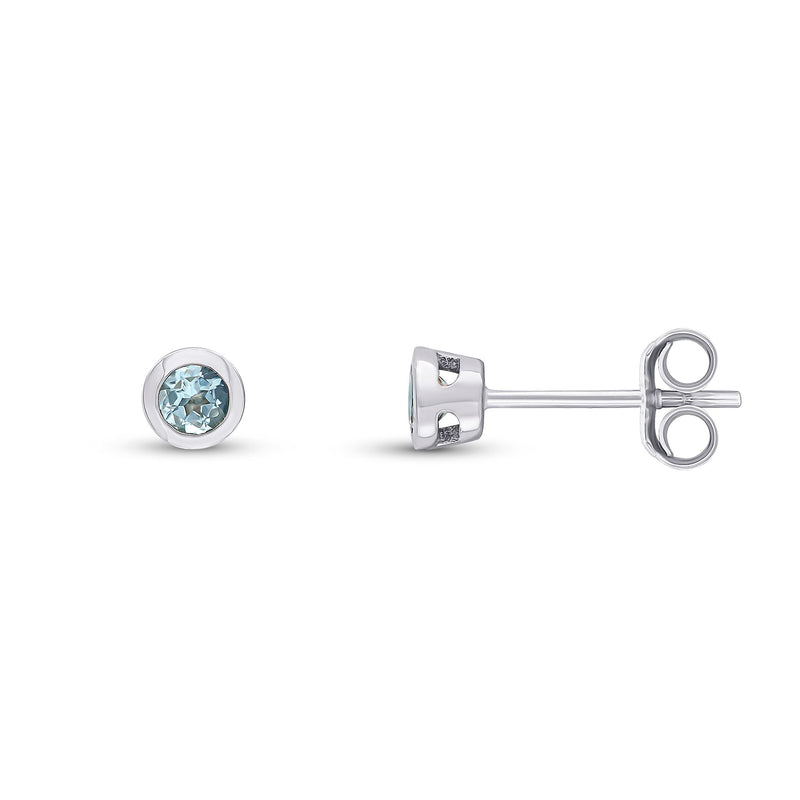 9ct White Gold Round Natural Aquamarine Rubover Stud Earrings — 3mm