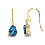 9ct Yellow Gold Pear Shaped Natural London Blue Topaz Claw Wire Hook Drop Earrings
