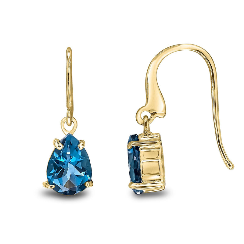 9ct Yellow Gold Pear Shaped Natural London Blue Topaz Claw Wire Hook Drop Earrings