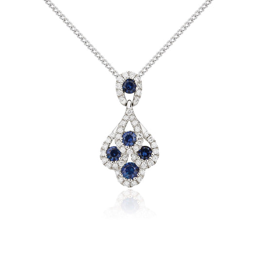 18ct White Gold Round Natural Sapphire and Diamond Peacock Pendant