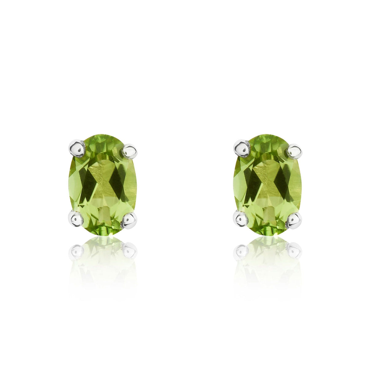 9ct White Gold Oval Natural Peridot Claw Stud Earrings — 6x4mm