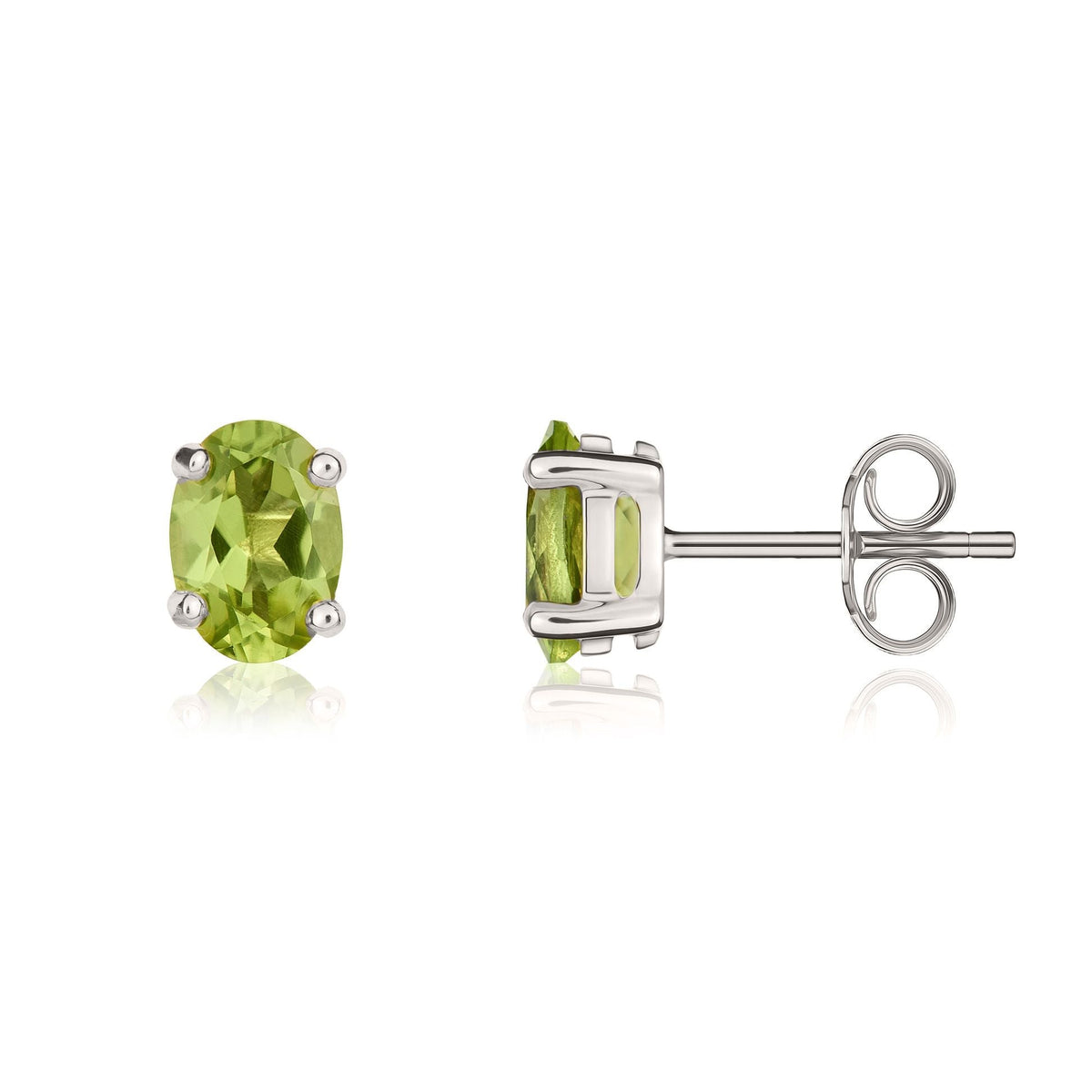 9ct White Gold Oval Natural Peridot Claw Stud Earrings — 7x5mm