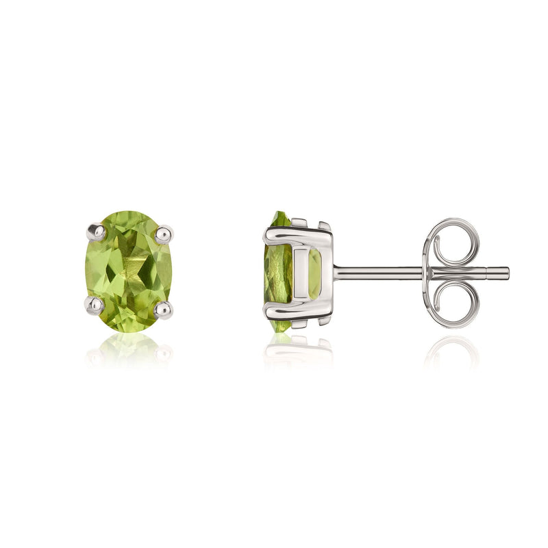9ct White Gold Oval Natural Peridot Claw Stud Earrings — 7x5mm