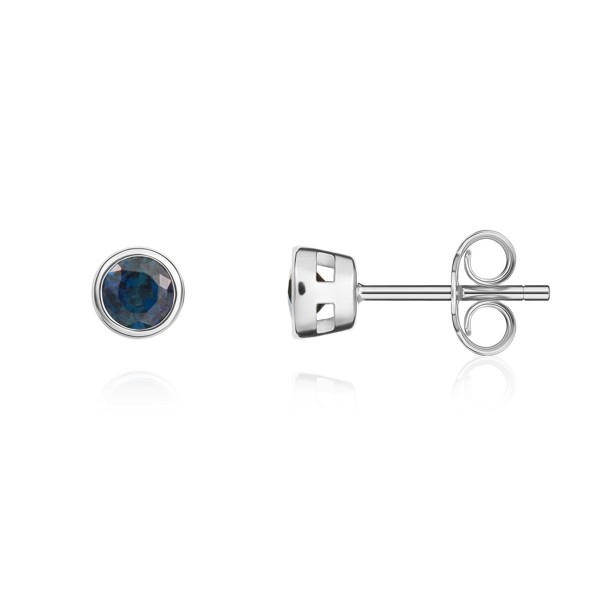 9ct White Gold Round Natural Sapphire Rubover Stud Earrings — 3mm