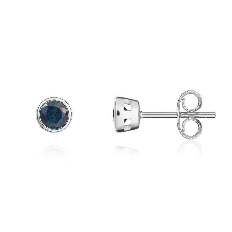 9ct White Gold Round Natural Sapphire Rubover Stud Earrings — 3mm