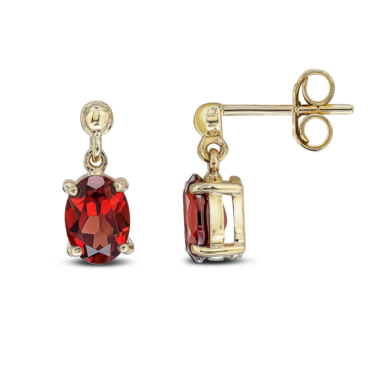 9ct Yellow Gold Oval Natural Garnet Claw Drop Earrings — 7x5mm
