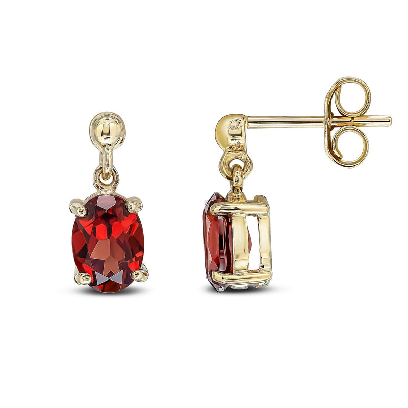 9ct Yellow Gold Oval Natural Garnet Claw Drop Earrings — 7x5mm