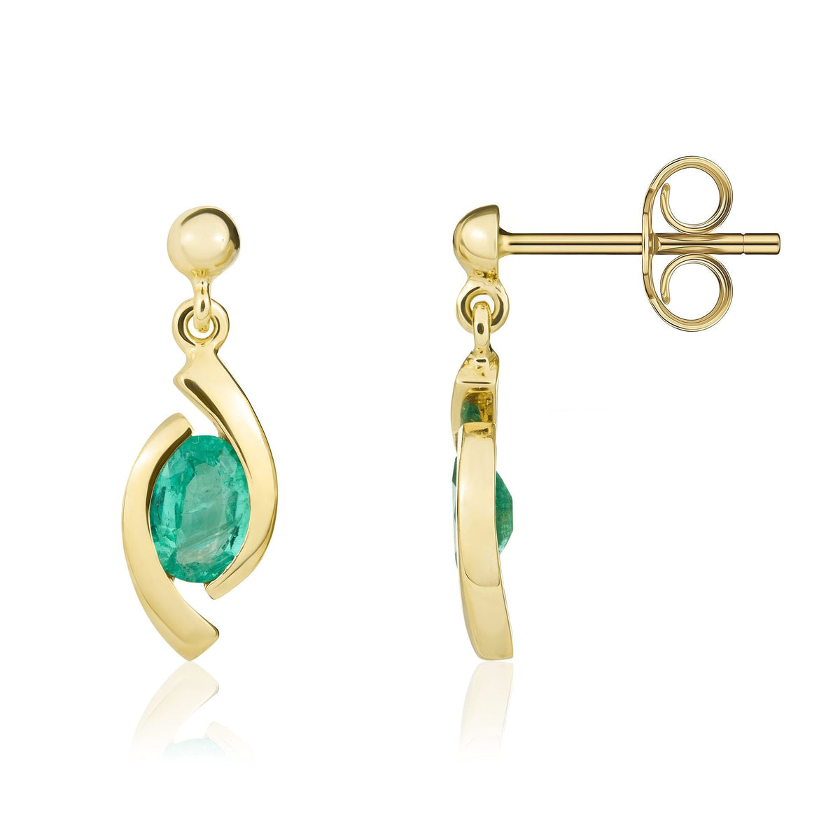9ct Yellow Gold Oval Natural Emerald 'Eye' Drop Earrings — 6x4mm