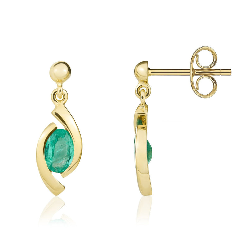 9ct Yellow Gold Oval Natural Emerald 'Eye' Drop Earrings — 6x4mm