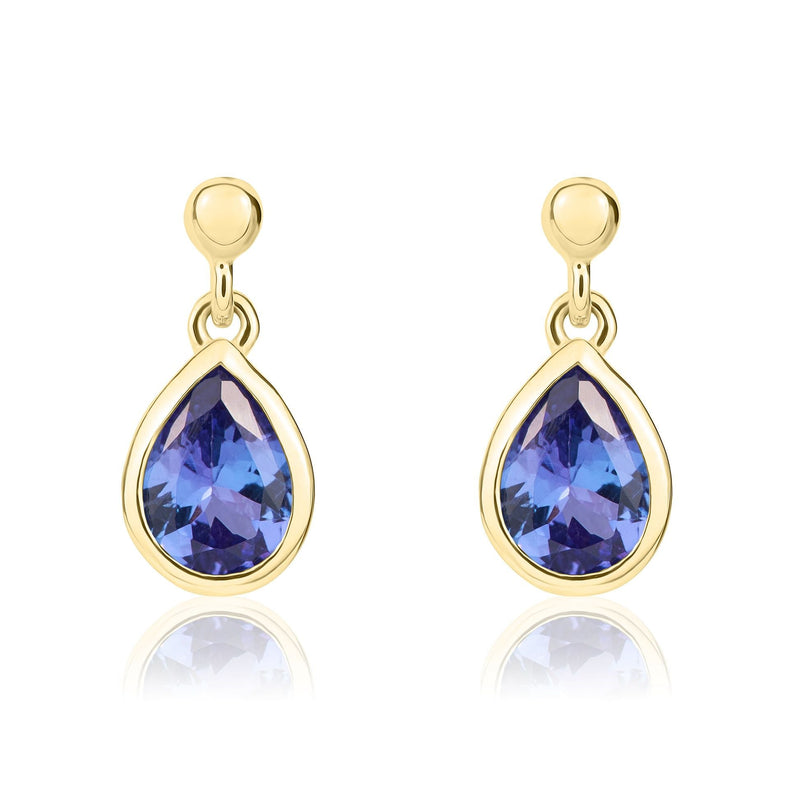 9ct Yellow Gold Pear Shaped Natural Tanzanite Rubover Drop Earrings — 7x5mm