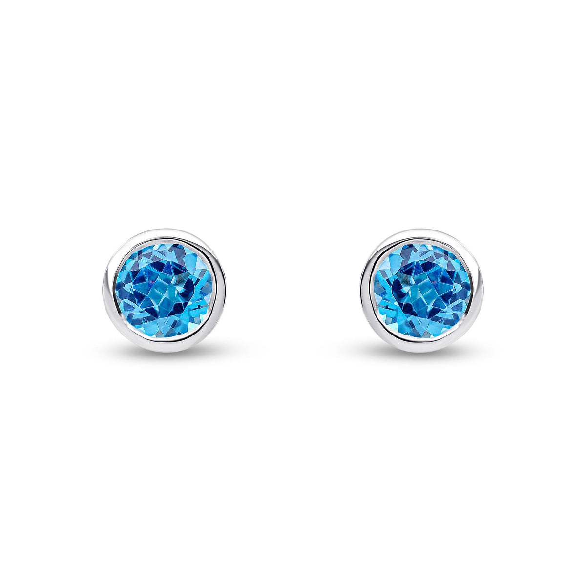 9ct White Gold Round Natural Swiss Blue Topaz Rubover Stud Earrings — 6mm