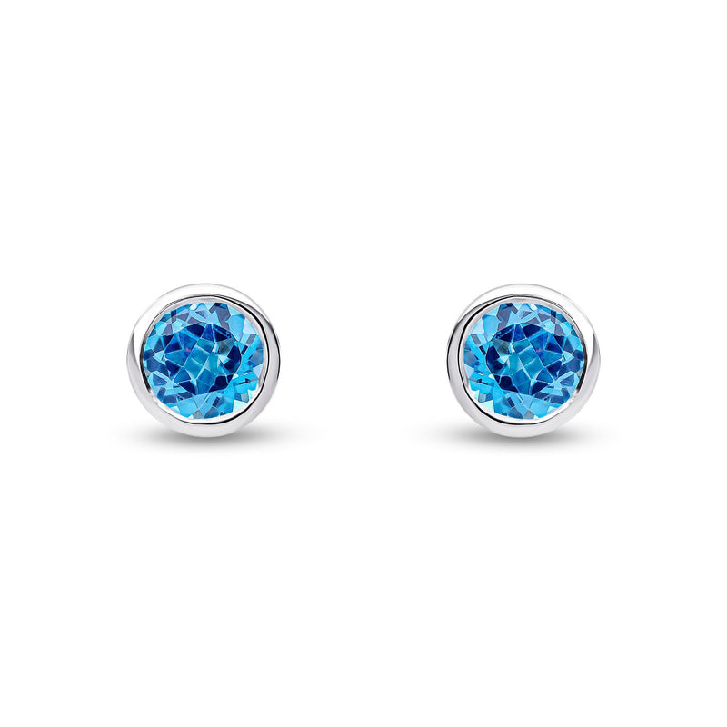 9ct White Gold Round Natural Swiss Blue Topaz Rubover Stud Earrings — 6mm