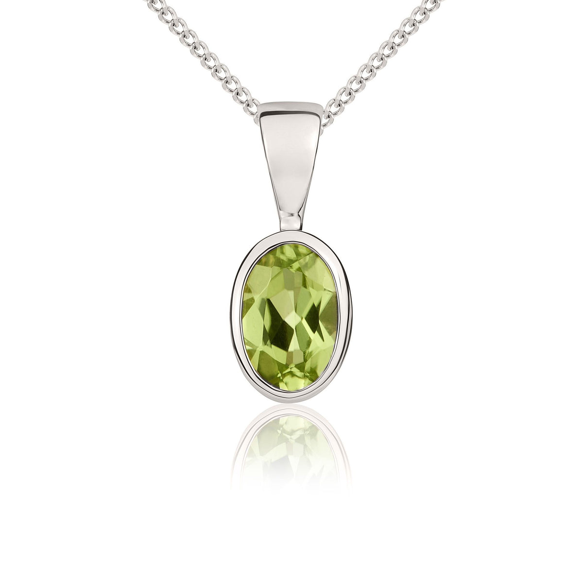 9ct White Gold Oval Natural Peridot Rubover Pendant — 6x4mm