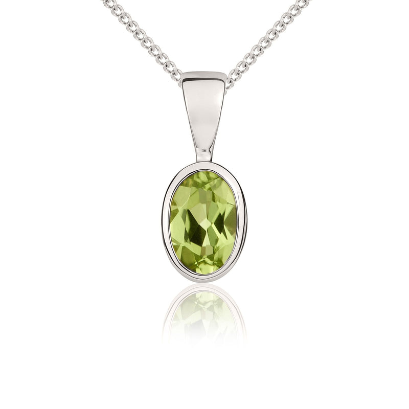 9ct White Gold Oval Natural Peridot Rubover Pendant — 6x4mm