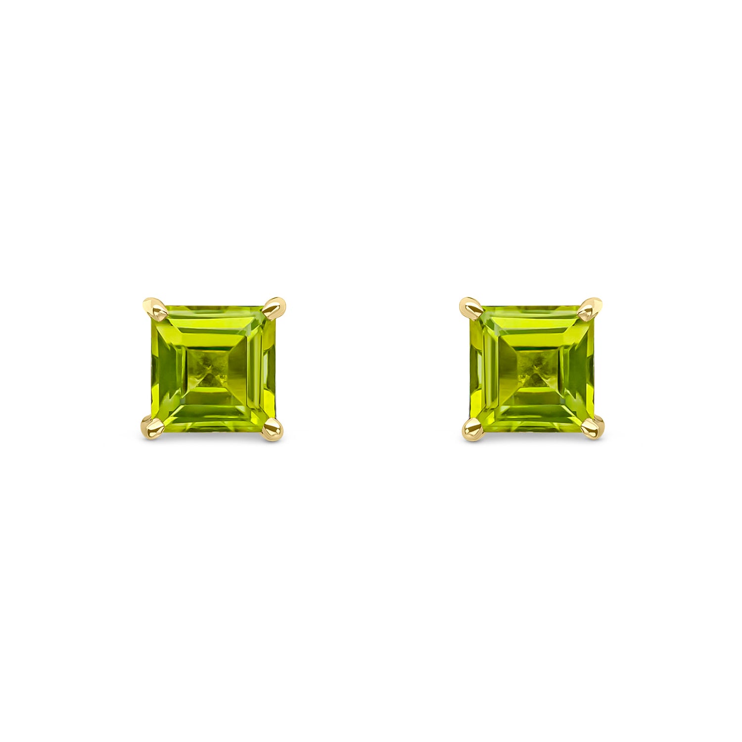 9ct Yellow Gold Square Natural Peridot Claw Stud Earrings - 5mm