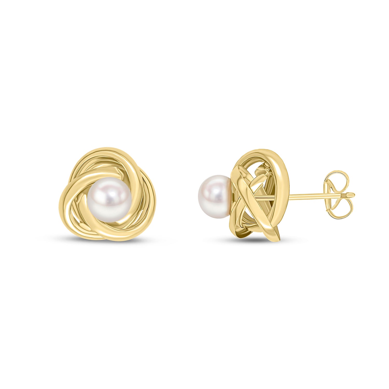 9ct Yellow Gold Knot Stud Earrings with Natural Freshwater Cultured Pearl Centre — 5mm