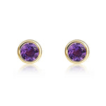 9ct Yellow Gold Round Natural Amethyst Rubover Stud Earrings — 4mm