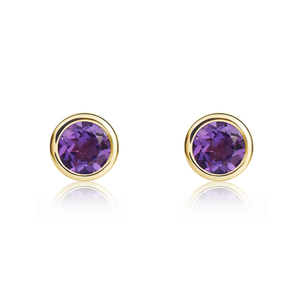 9ct Yellow Gold Round Natural Amethyst Rubover Stud Earrings — 4mm