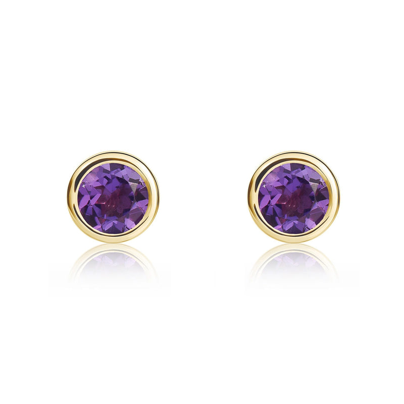 9ct Yellow Gold Round Natural Amethyst Rubover Stud Earrings — 4mm