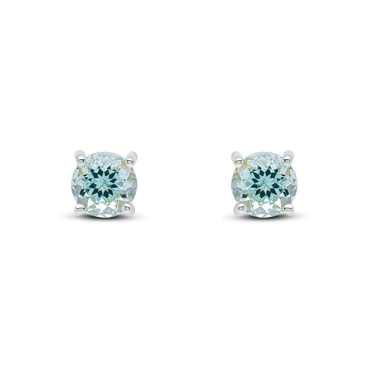 9ct White Gold Round Natural Aquamarine Four Claw Stud Earrings — 6mm