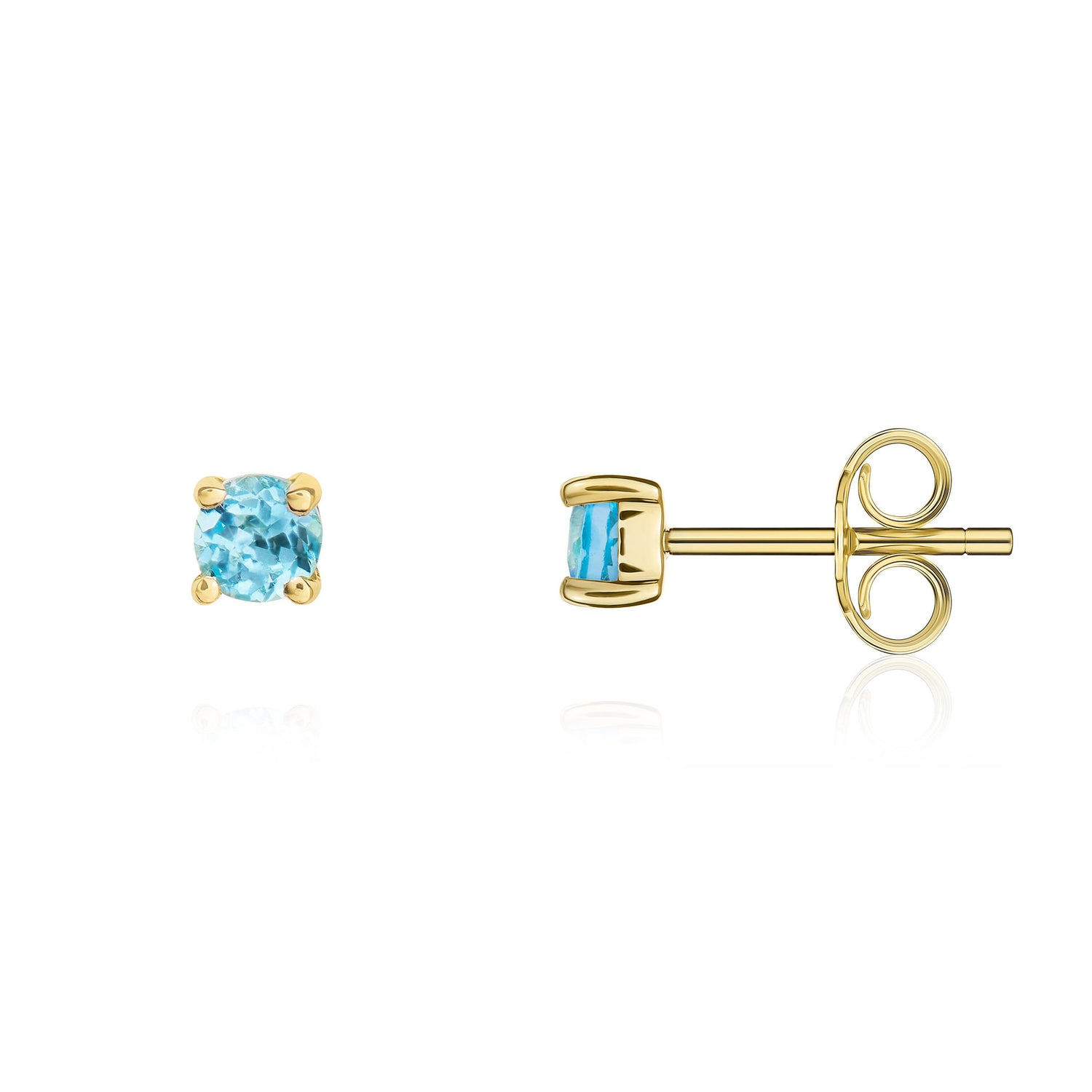 9ct Yellow Gold Round Natural Swiss Blue Topaz Claw Set Stud Earrings — 3mm
