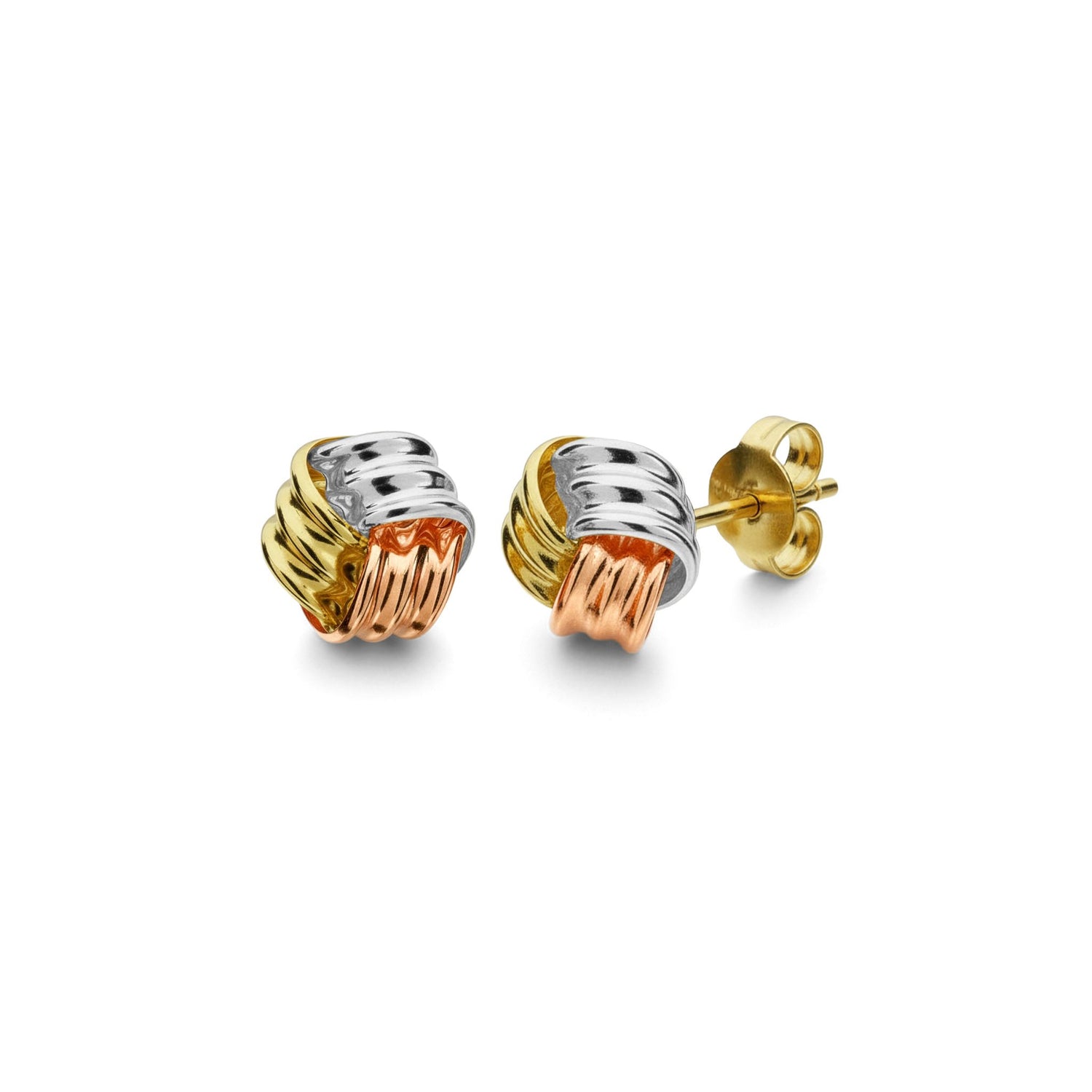 9ct Yellow, White and Rose Gold 3 Section Ribbed Knot Stud Earrings — 8mm