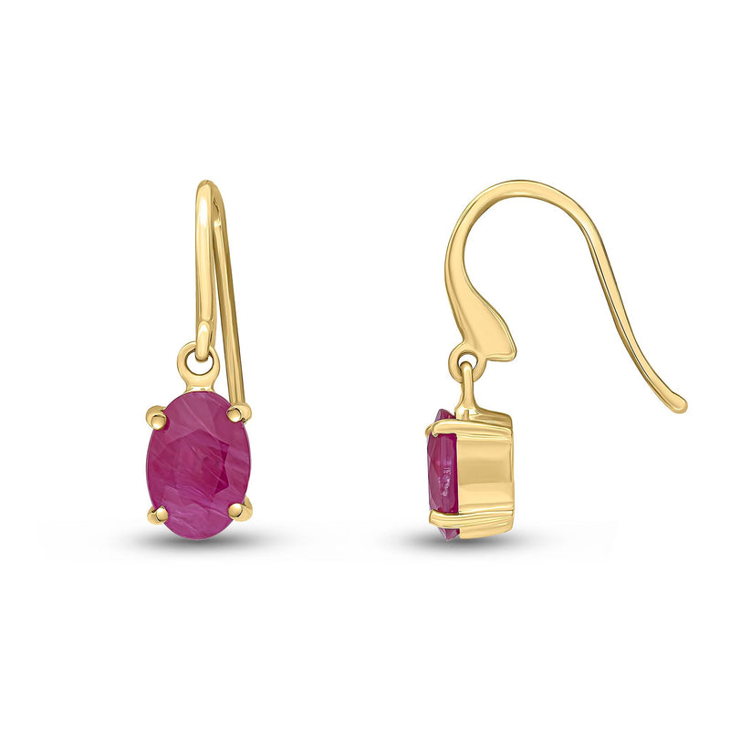 9ct Yellow Gold Oval Natural Ruby Claw Hook Wire Drop Earrings — 7x5mm