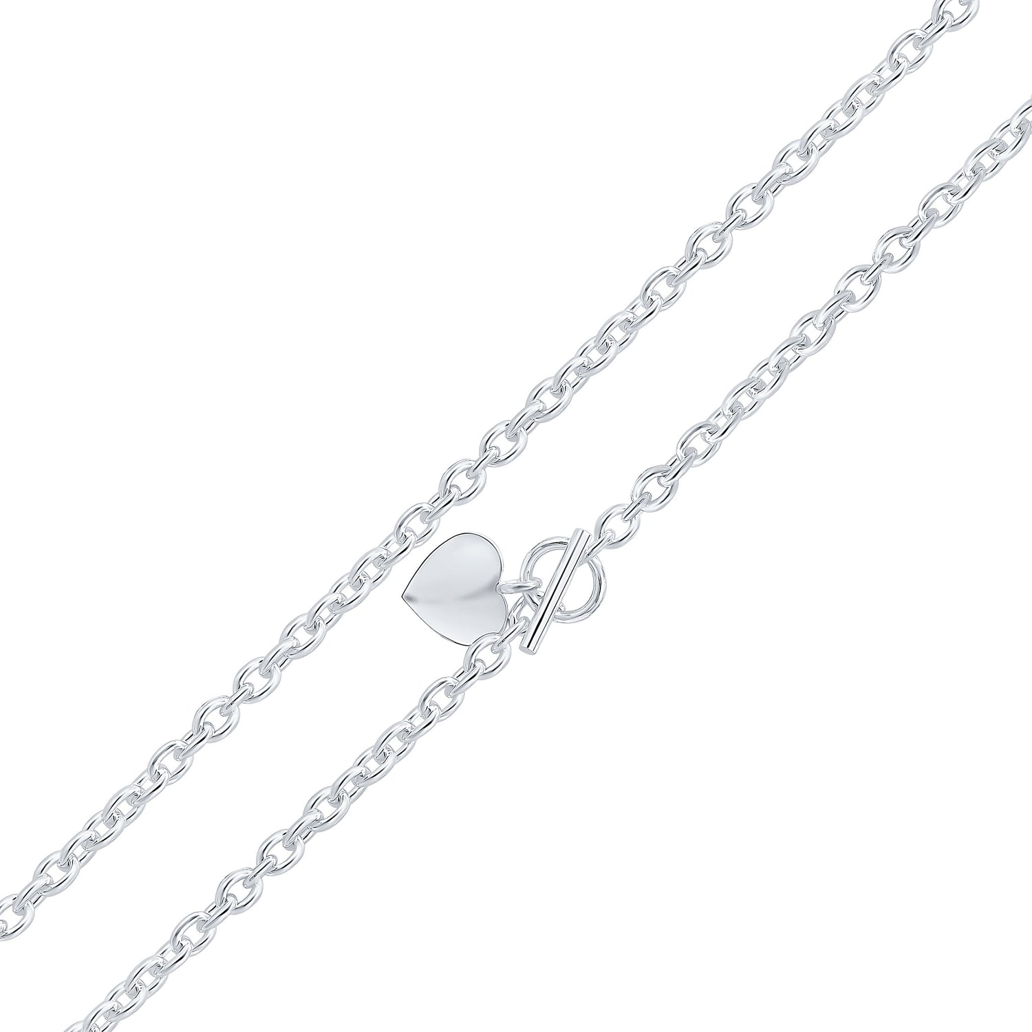 Sterling Silver 6mm Cable Chain T-Bar Necklace & Heart Charm