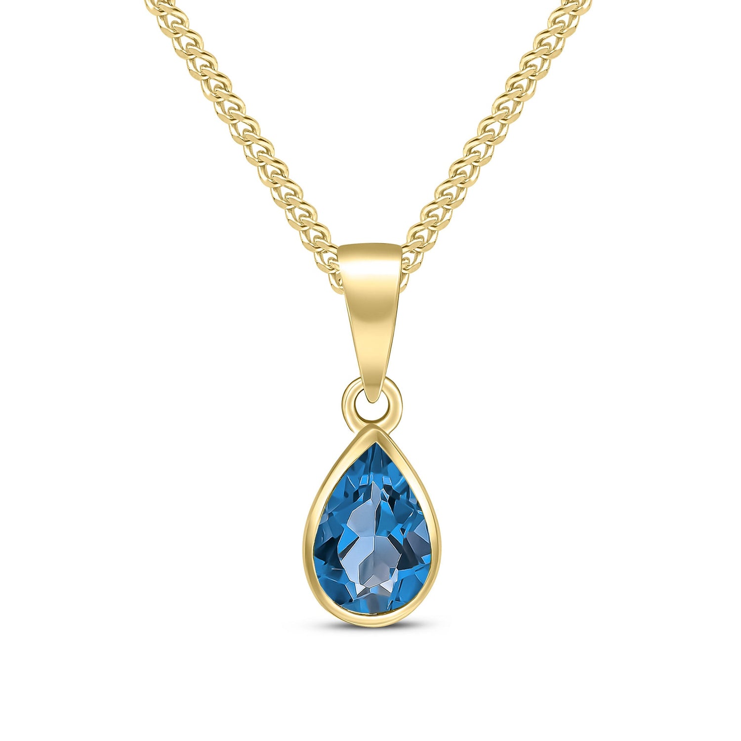 9ct Yellow Gold Pear Shaped Natural London Blue Topaz Rubover Pendant — 7x5mm
