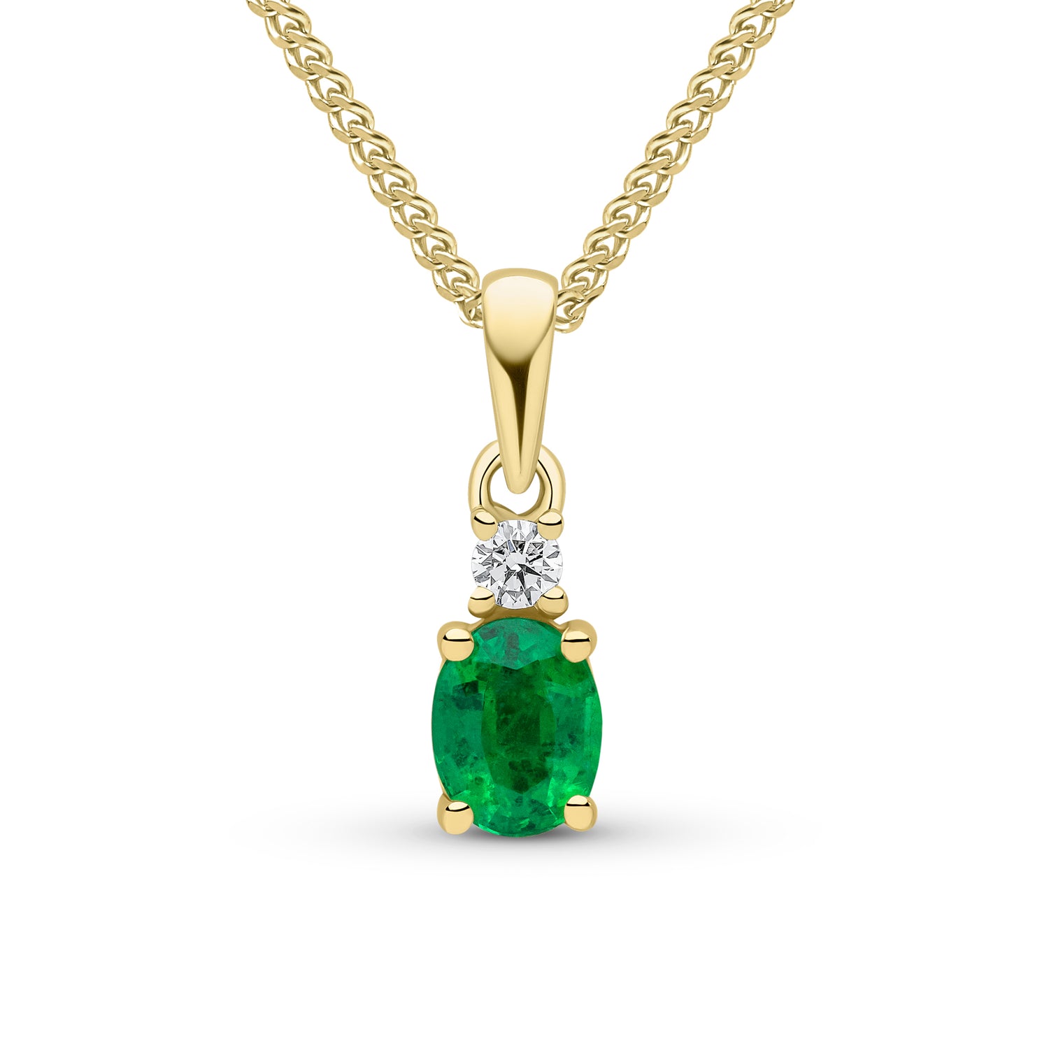 18ct Yellow Gold Oval Natural Emerald and Round Diamond Two Stone Pendant — 5x4mm