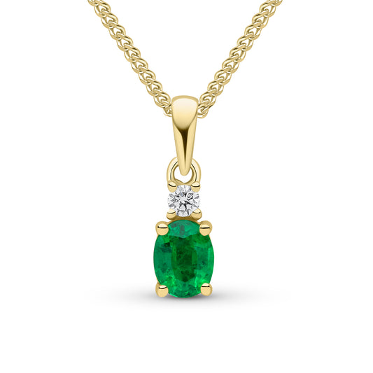 18ct Yellow Gold Oval Natural Emerald and Round Diamond Two Stone Pendant — 5x4mm