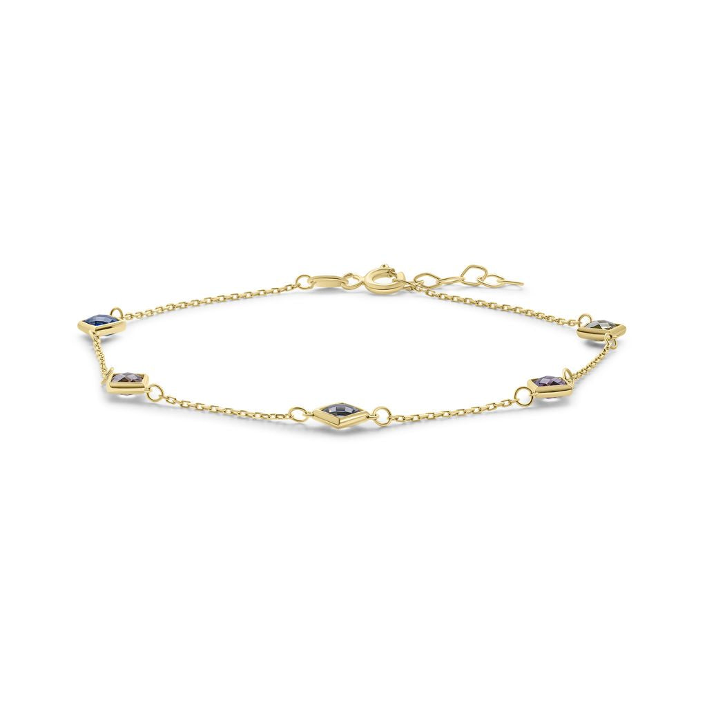 9ct Yellow Gold Multi-Coloured Cubic Zirconia CZ Cushion Station Bracelet