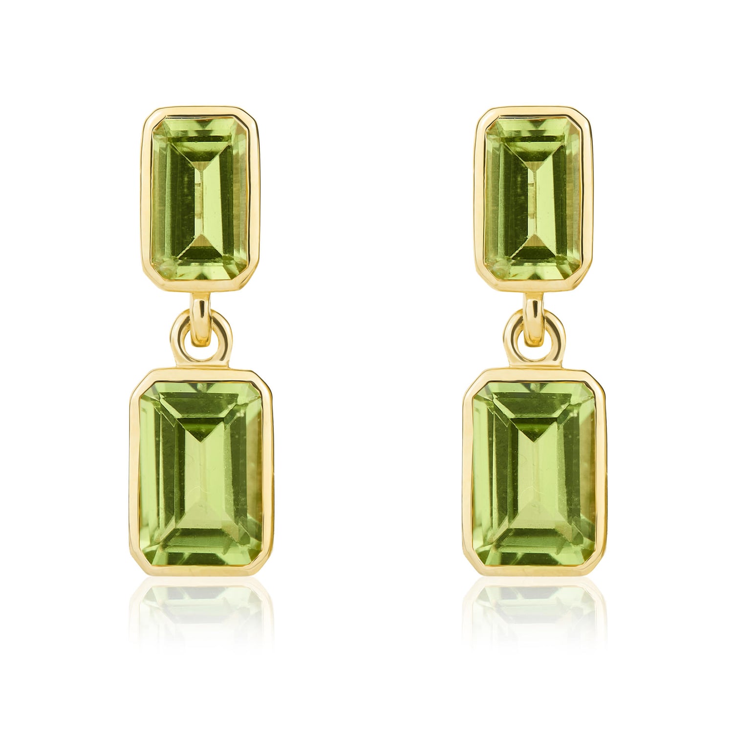 9ct Yellow Gold Octagonal Emerald Cut Natural Peridot Double Stone Rubover Drop Earrings — 5x3mm