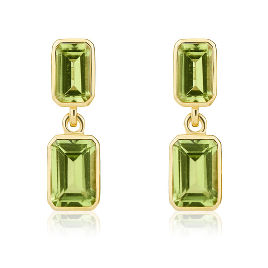 9ct Yellow Gold Octagonal Emerald Cut Natural Peridot Double Stone Rubover Drop Earrings