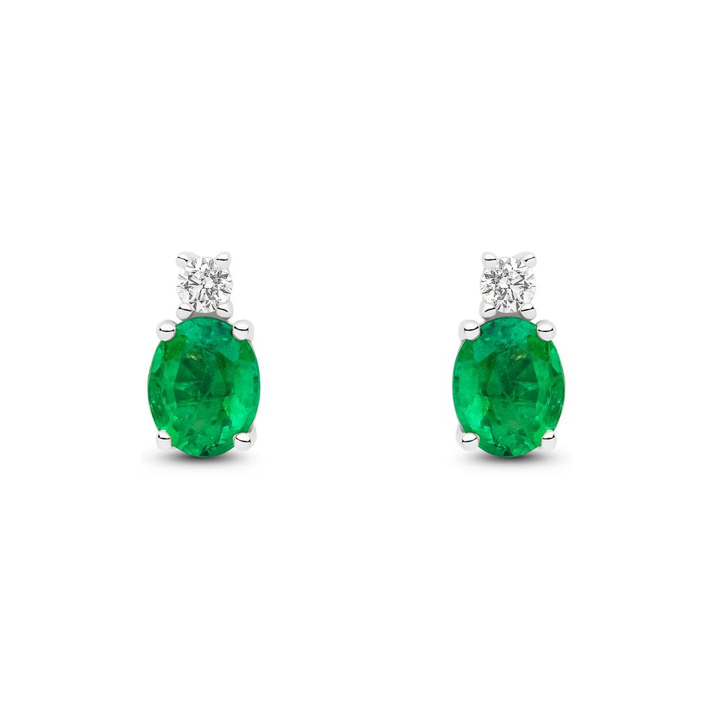 18ct White Gold Oval Natural Emerald and Round Diamond Two Stone Stud Earrings — 5x4mm