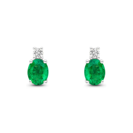 18ct White Gold Oval Natural Emerald and Round Diamond Two Stone Stud Earrings — 5x4mm