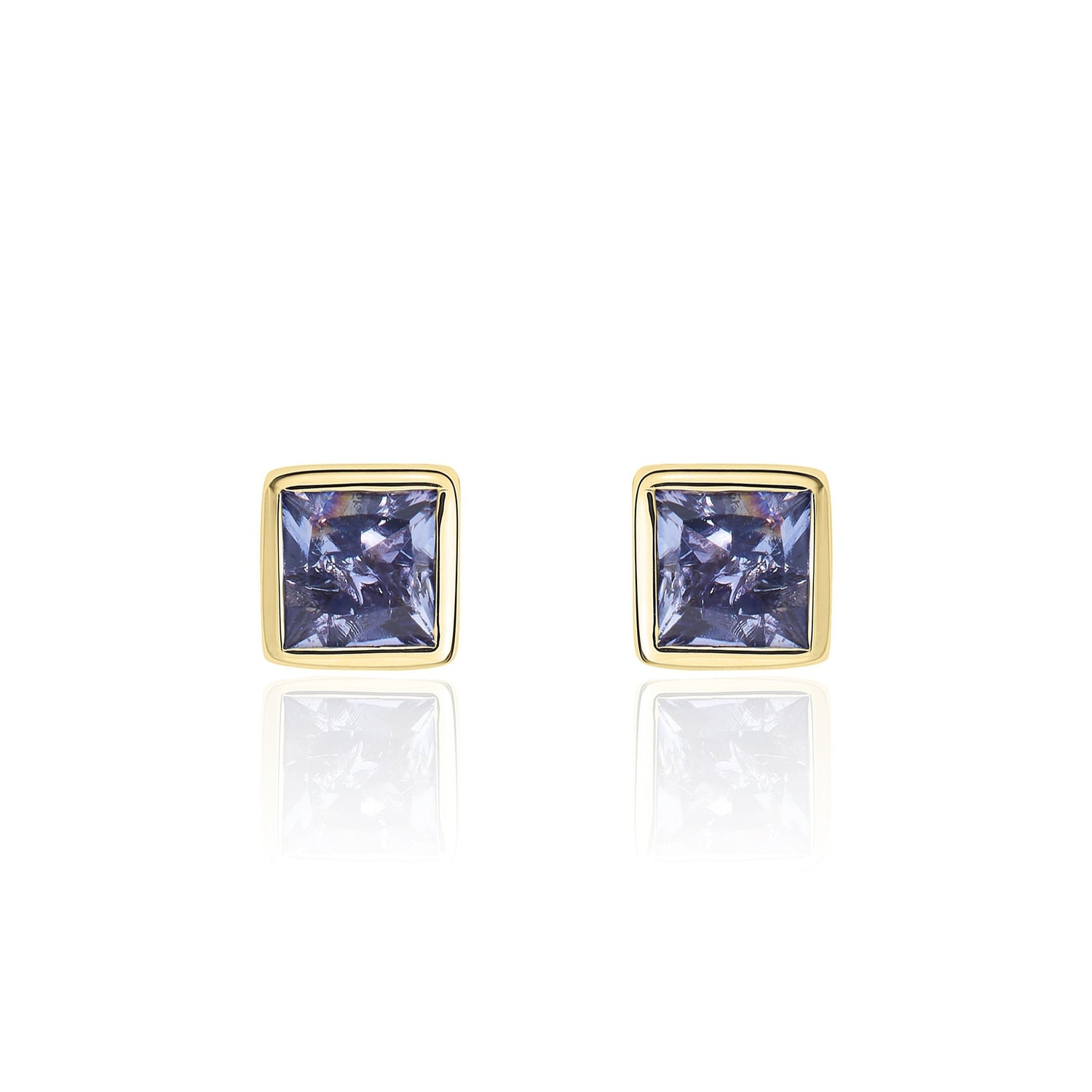 9ct Yellow Gold Square Natural Tanzanite Rubover Stud Earrings — 3mm