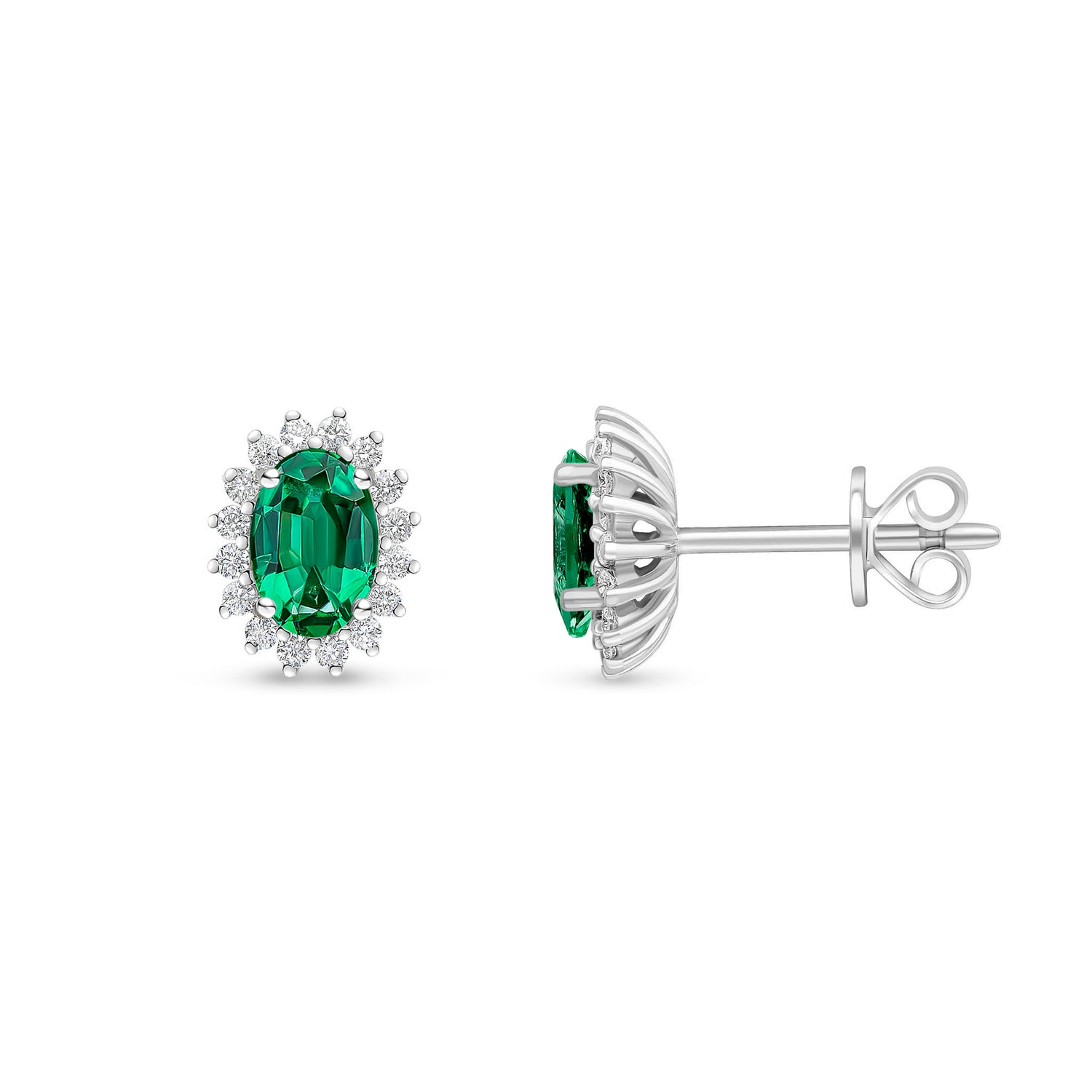 18ct White Gold Oval Natural Emerald and Round Diamond Claw Set Cluster Stud Earrings — 6x4mm