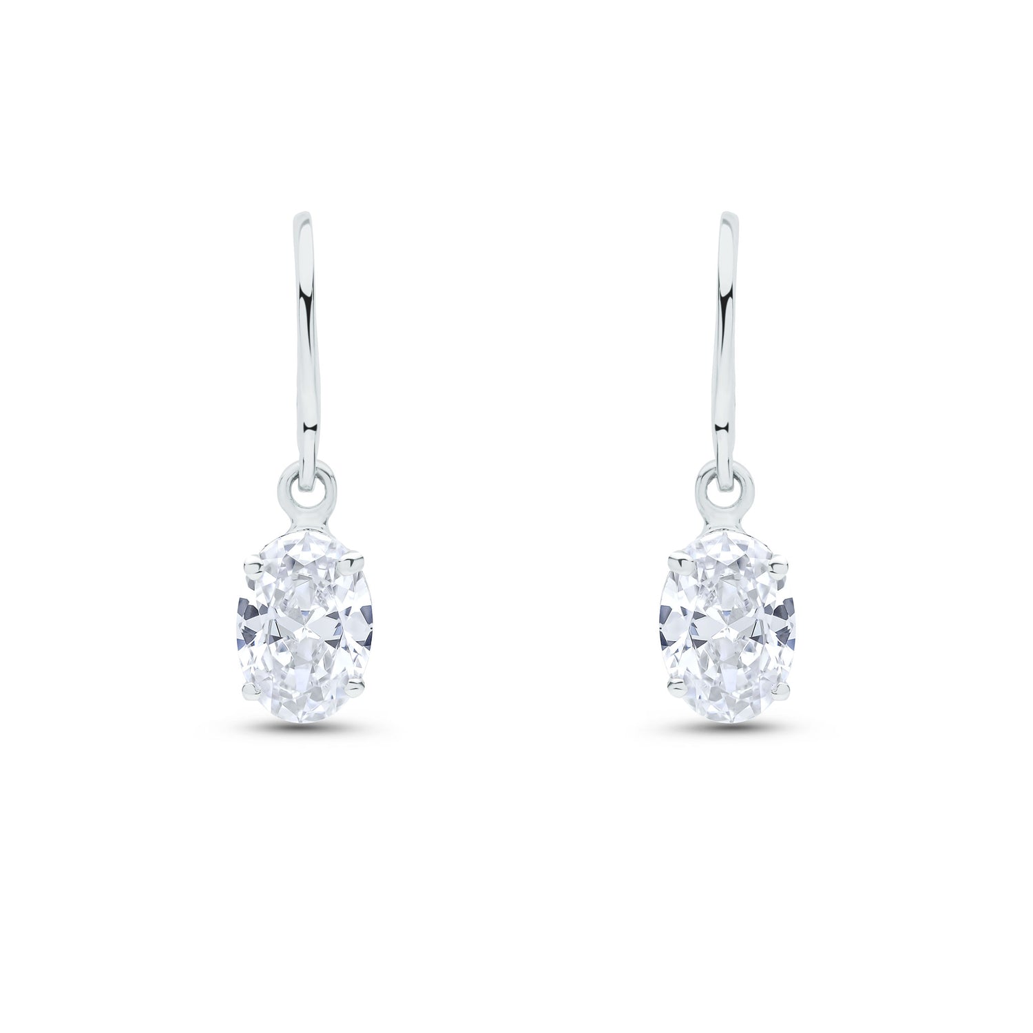 9ct White Gold Oval Cubic Zirconia CZ Claw Set Hook Drop Earrings — 7x5mm