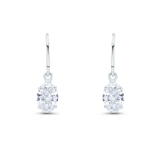 9ct White Gold Oval Cubic Zirconia CZ Claw Set Hook Drop Earrings — 7x5mm