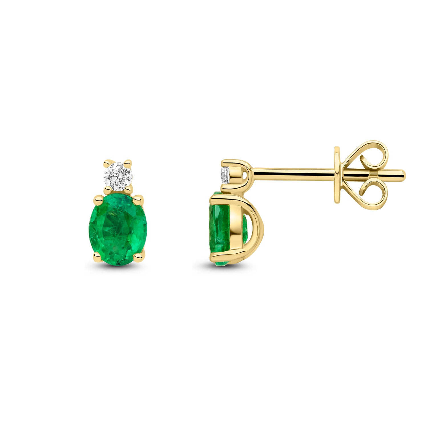 18ct Yellow Gold Oval Natural Emerald and Round Diamond Two Stone Stud Earrings — 5x4mm