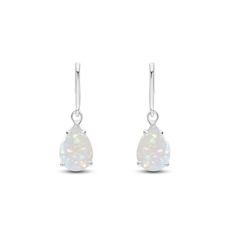 9ct White Gold Pear Shaped Natural Opal Claw Wire Hook Drop Earrings