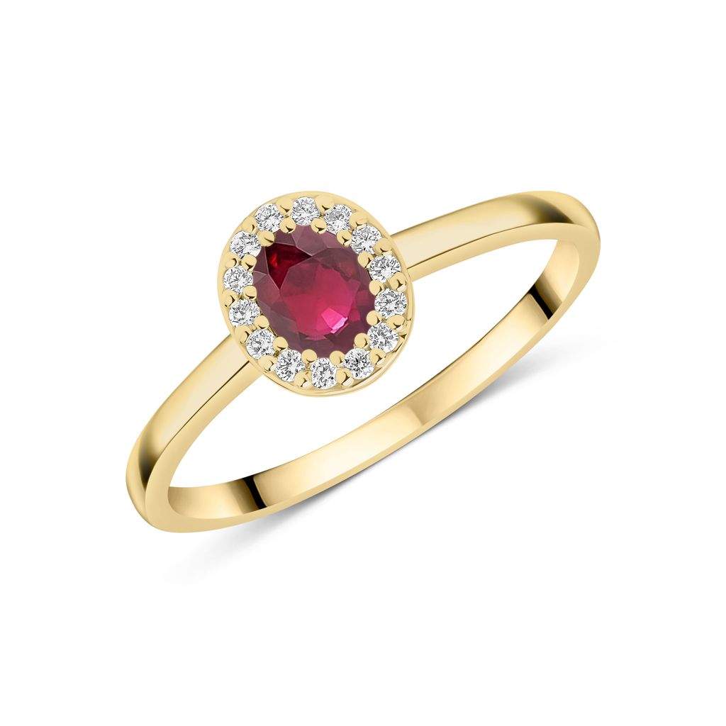 18ct Yellow Gold Oval Ruby and Diamond Microset Cluster Ring — 5x4mm